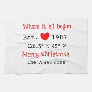 Lake house ets. Date year custom coordinates red Kitchen Towel