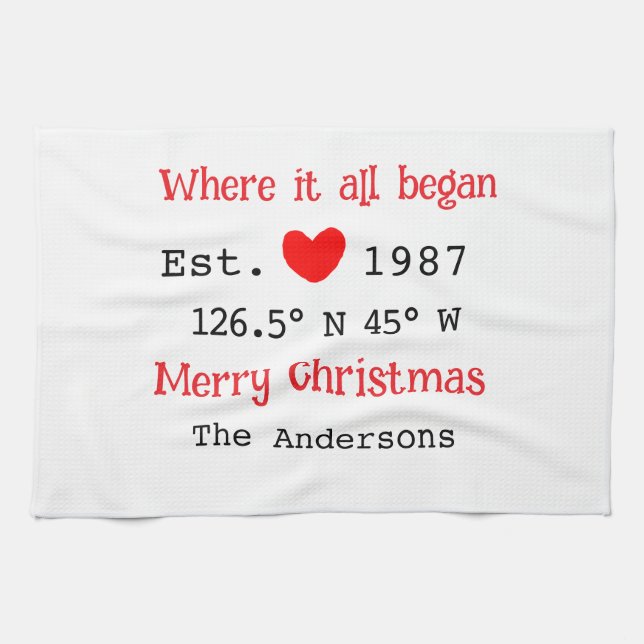 Lake house ets. Date year custom coordinates red Kitchen Towel (Horizontal)