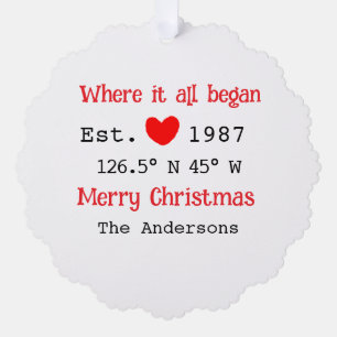 Lake house ets. Date year custom coordinates red Ornament Card