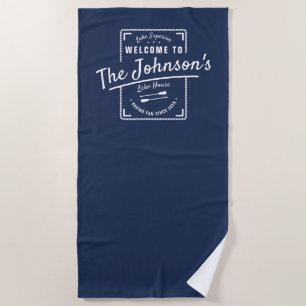 Lake House Family Logo Custom Beach Towel   Navy