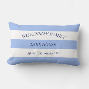 Lake house Family name Blue Stripes Lumbar Pillow