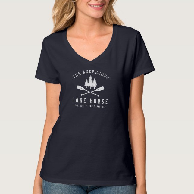 Lake House Family Name Boat Oars Trees V-Neck T-Shirt (Front)