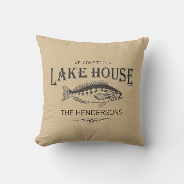 Lake House Family Name Fish Throw Pillow (Front)