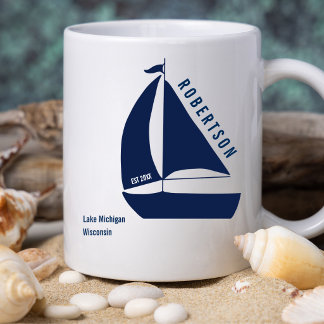 Lake House Family Name Navy Blue Sailboat Coffee Mug