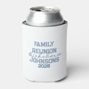 Lake house family reunion retro blue and white can cooler