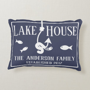 Lake House Fishing Hook & Worm Accent Pillow