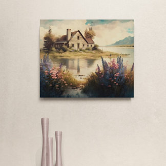 Lake House in the countryside-Oil style painting   Canvas Print