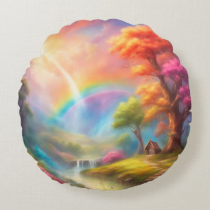 Lake house landscape round pillow