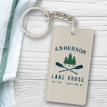 Lake House Modern Rustic Boat Oars Trees 2 Sided Keychain<br><div class="desc">A beautiful, modern rustic themed 2 sided acrylic keychain, featuring your family name and lake house, cabin, cottage or other desired text and its established date, all in rustic style typography. This unique, custom design features teal blue boat oars, paddles and pine trees in soft green. The designs cream base...</div>