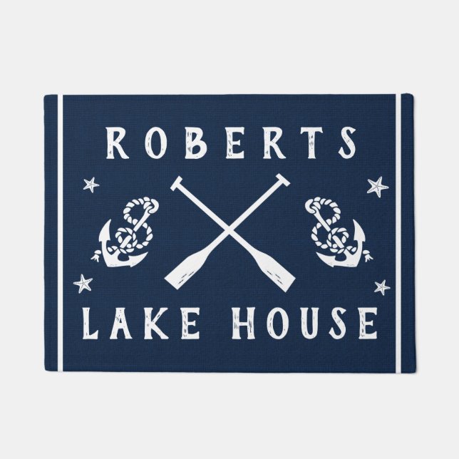 Lake House Navy White Paddles Anchors Custom Doormat (Front)