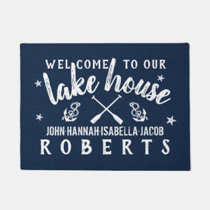 Lake House Paddles Anchors Custom Navy White Doormat