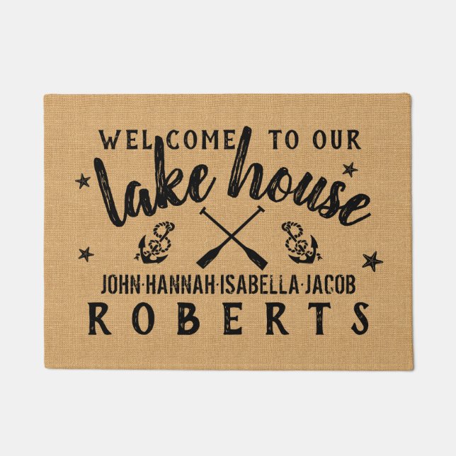 Lake House Paddles Anchors Custom Rustic Burlap Doormat (Front)