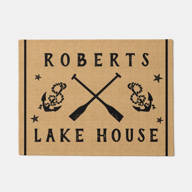 Lake House Paddles Anchors Custom Rustic Burlap Doormat (Front)