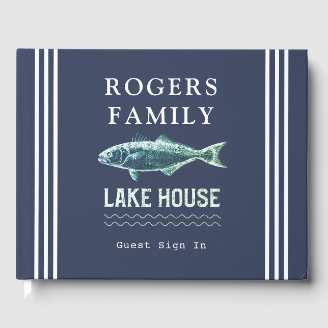 Lake House Personalized Vacation Rental Navy Blue  Guest Book (Front)