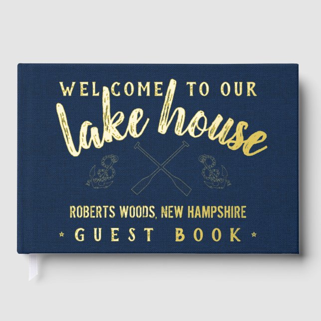 Lake House Personalized Vacation Rental Navy Gold Guest Book (Front)
