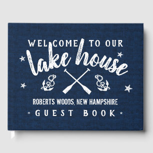 Lake House Personalized Vacation Rental Navy White Guest Book