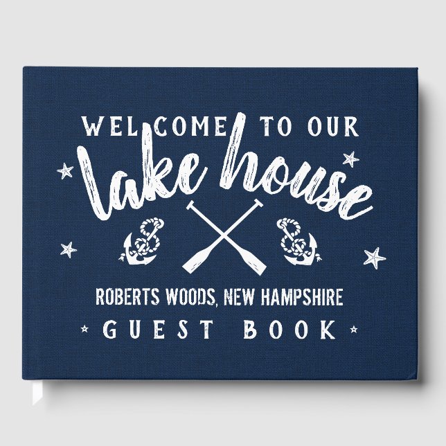 Lake House Personalized Vacation Rental Navy White Guest Book (Front)