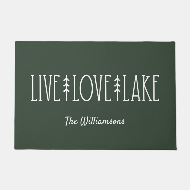 Lake House Quote Pine Tree Personalized Dark Green Doormat (Front)