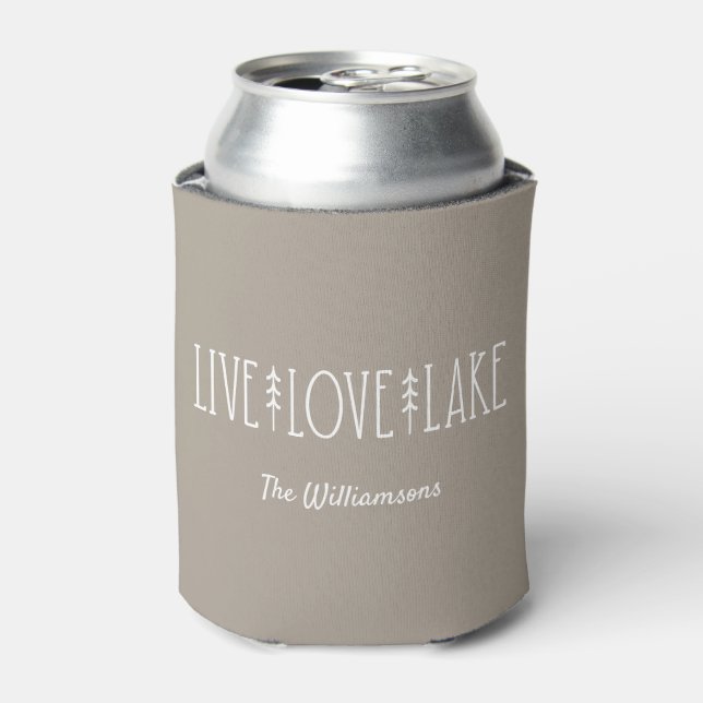 Lake House Quote Pine Tree Personalized Taupe Can Cooler (Can Front)