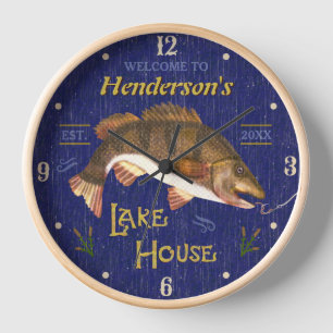Lake House Rustic Nautical Bass Fish Name Brown Clock