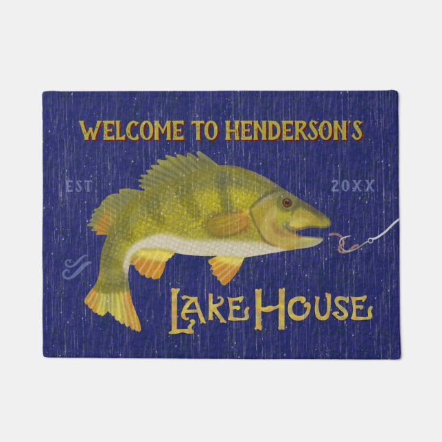 Lake House Rustic Nautical Bass Fish Personalized Doormat (Front)