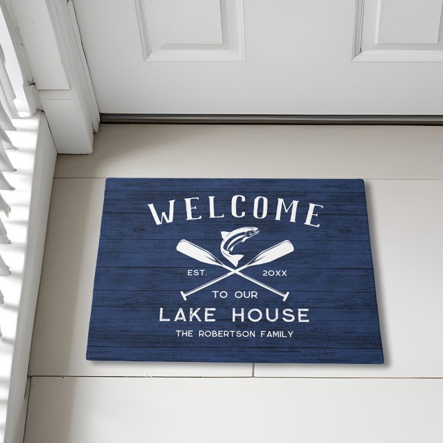 Lake House Welcome Rustic Blue Wood Doormat (Creator Uploaded)