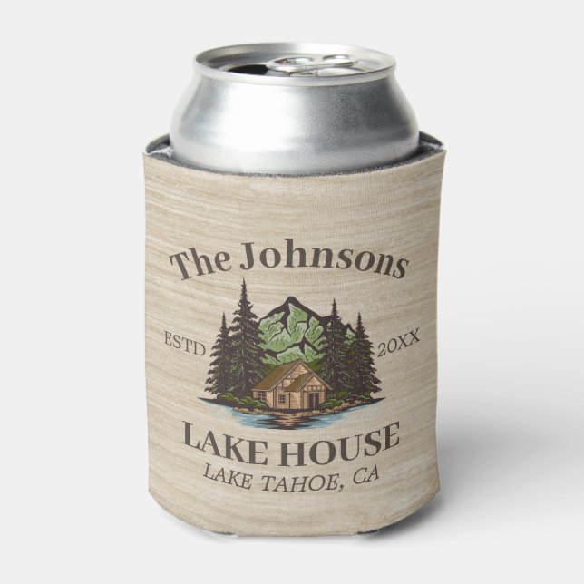 Lake House Wood Themed Family Name Personalized Can Cooler (Can Front)