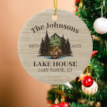 Lake House Wood Themed Family Name Personalized Ceramic Ornament<br><div class="desc">Ideal for family gatherings, reunions, or your lakeside retreat, this product is designed with a charming rustic wood finish. It showcases a beautifully designed mountain scene by the lake with a cabin, personalized with your family name, the year established, and any additional details you prefer. An excellent choice for a...</div>