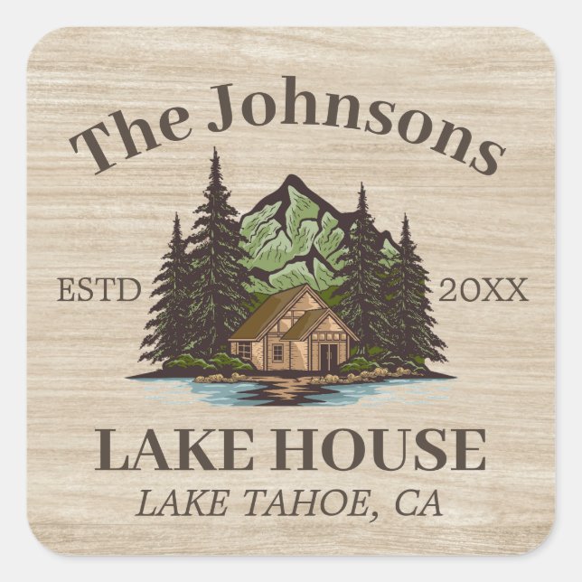 Lake House Wood Themed Family Name Personalized Square Sticker (Front)