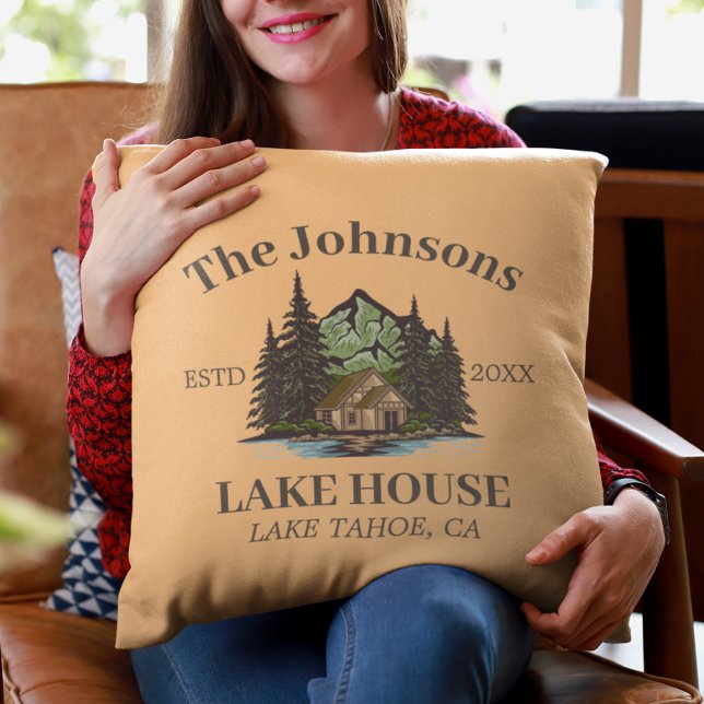 Lake House Wood Themed Family Name Personalized Throw Pillow (Creator Uploaded)