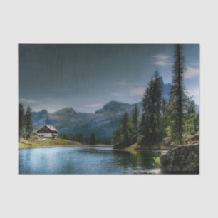 Lake in forest with house and sky tissue paper