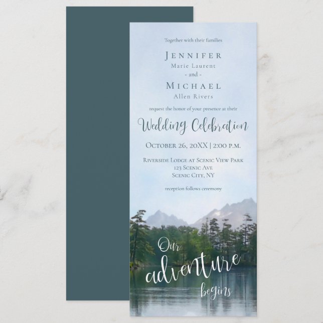 Lake in the mountains our adventure begins wedding invitation (Front/Back)