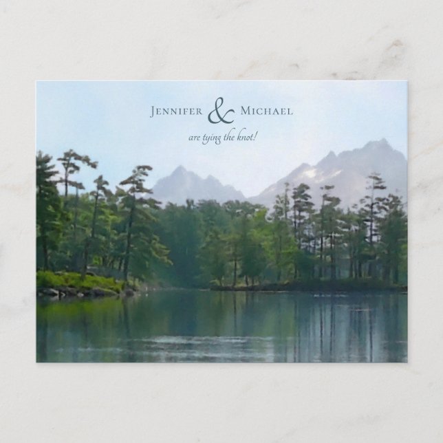 Lake in the mountains rustic nature wedding announcement postcard (Front)