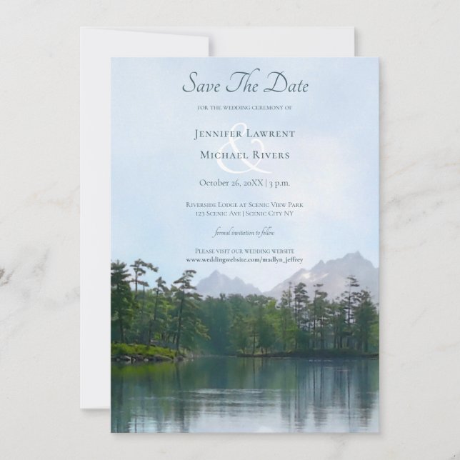 Lake in the mountains rustic nature wedding save the date (Front)