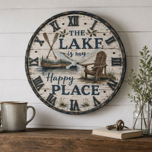 Lake Is My Happy Place Canoe Cabin Lake House Large Clock