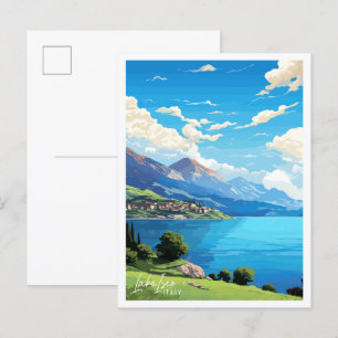 Lake Iseo Italy vintage travel illustration Postcard