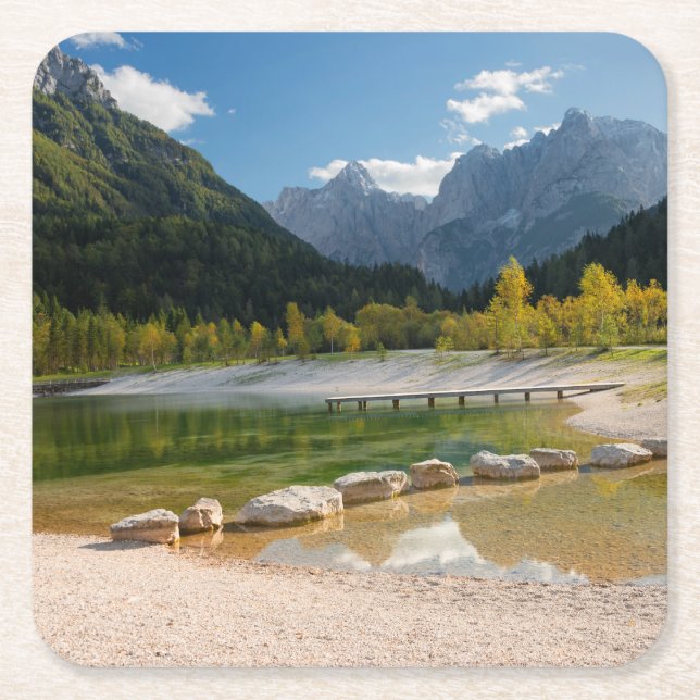 Lake Jasna in the Slovenian Alps in fall Square Paper Coaster (Front)