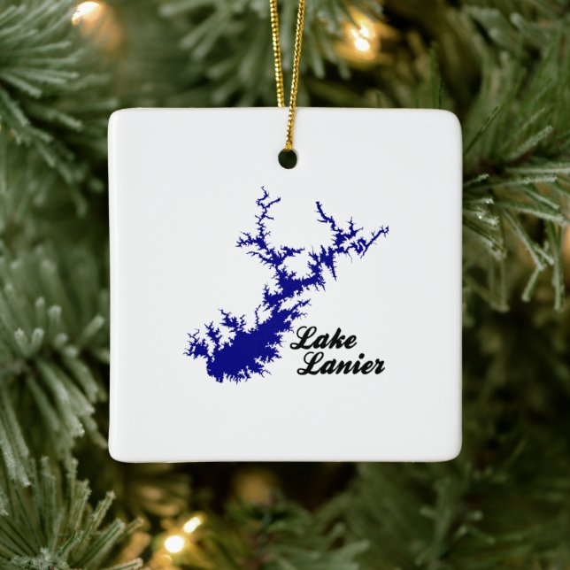 Lake Lanier Georgia Blue Shoreline Script Map Art Ceramic Ornament (Tree)
