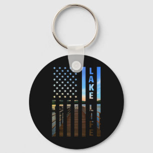 Lake Life American Flag Dock Sunset Power Boat Wak Keychain
