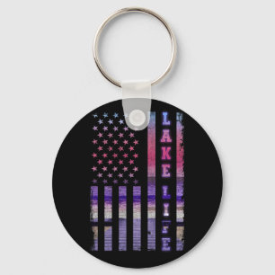 Lake Life American Flag Dock Sunset Wakeboarder Keychain