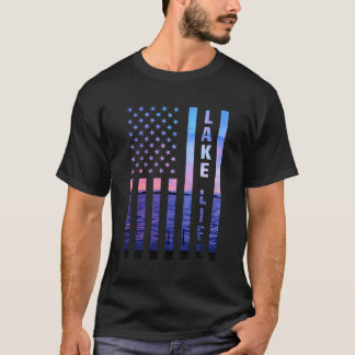 Lake Life American Flag Dock Sunset Wakeboarder Po T-Shirt