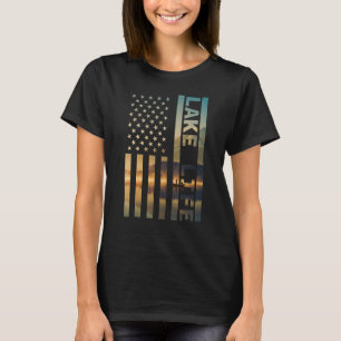Lake Life American Flag Dock Sunset Wakeboarder Po T-Shirt