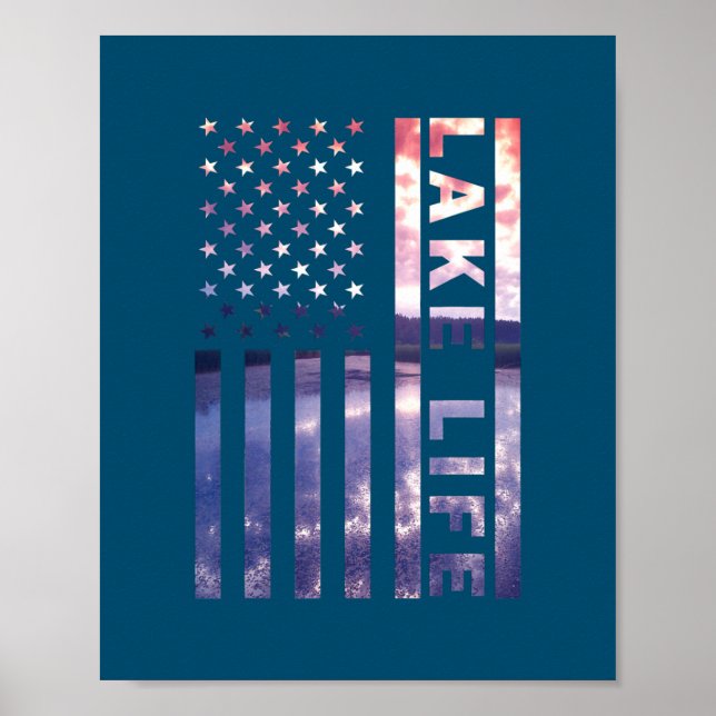 Lake Life American Flag Dock Sunset Wakeboarder Poster (Front)