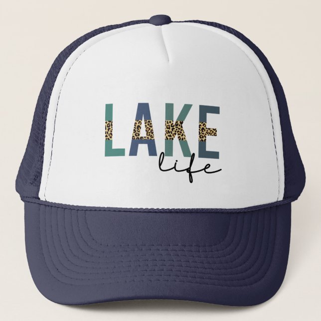 Lake Life Cheetah Print Typography Trucker Hat (Front)