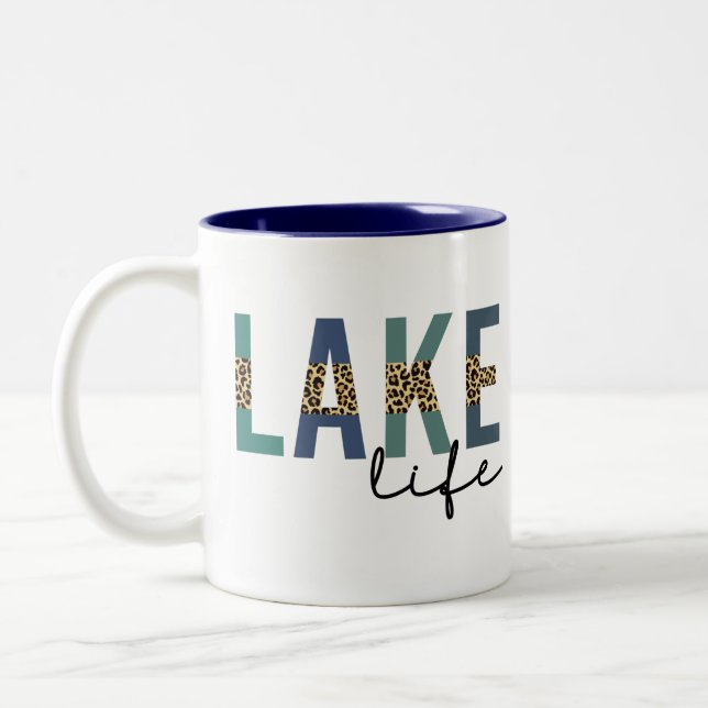 Lake Life Cheetah Print Typography Two-Tone Coffee Mug (Left)