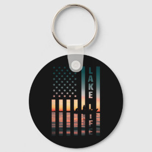Lake Life Fisherman Sunset American Flag B Fishing Keychain
