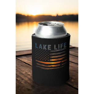 Lake Life Fisherman Sunset American Flag Bass Fish Can Cooler