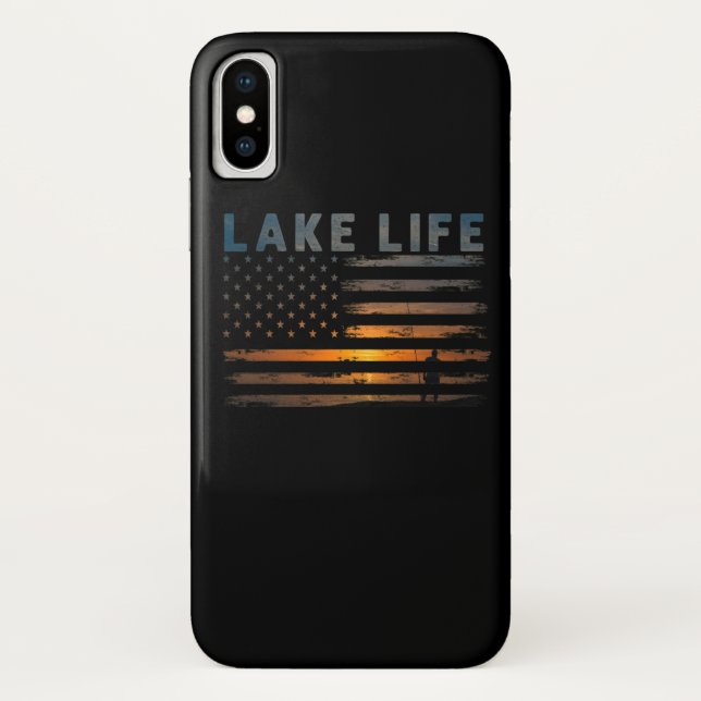 Lake Life Fisherman Sunset American Flag Bass Fish Case-Mate iPhone Case (Back)