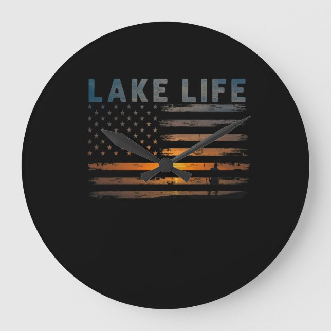 Lake Life Fisherman Sunset American Flag Bass Fish Large Clock (Front)