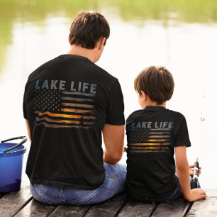 Lake Life Fisherman Sunset American Flag Bass Fish T-Shirt